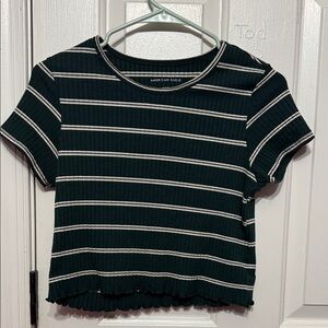 American Eagle Outfitters Dark Green Striped Short Sleeve Tee